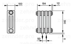 Схема (чертеж) Радиатор Zehnder Charleston 3030/4 №5410 Белый глянцевый RAL 9016